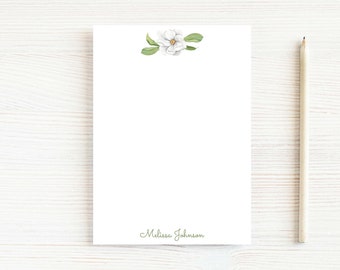 Personalized Watercolor Magnolia Notepad, Floral Women Notepad