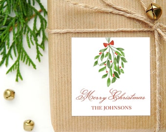 Personalized Watercolor Christmas Calling Card or Sticker | Mistletoe Enclosure Card | Family Holiday Square Gift Tag and Stickers