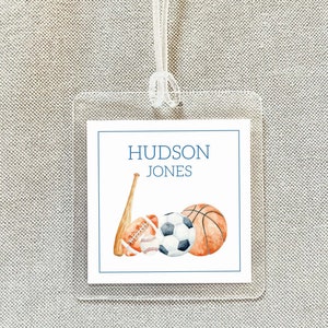 Personalized Watercolor Sports Bag Tag, Laminated Sport Ball Boy Luggage Tag, Diaper Bag Tag