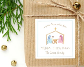 Personalized Watercolor Nativity Calling Card or Sticker | Nativity Enclosure Card | Family Square Gift Tag and Stickers