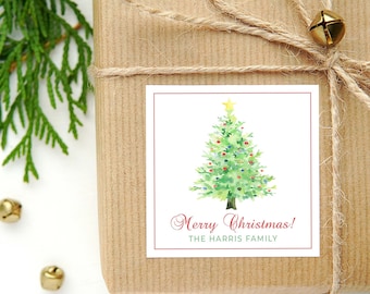 Personalized Watercolor Christmas Tree Calling Card or Sticker | Christmas Tree Enclosure Card | Family Square Gift Tag and Stickers