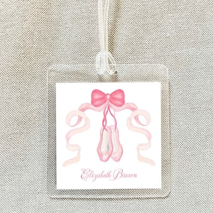 Etiqueta personalizada para bolso con lazo de ballet rosa, etiqueta laminada cuadrada para equipaje de niña, etiqueta para bolso de pañales