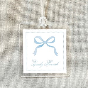 Personalized Watercolor Blue Bow Bag Tag, Laminated Luggage Tag, Diaper Bag Tag