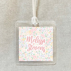 Personalized Women Floral Bag Tag, Laminated Square Girl Luggage Tag, Diaper Bag Tag