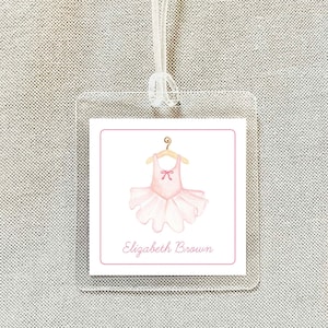 Etiqueta personalizada para bolso con lazo de ballet rosa, etiqueta laminada cuadrada para equipaje de niña, etiqueta para bolso de pañales