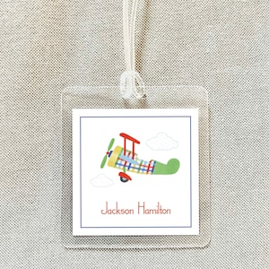 Personalized Watercolor Airplane Bag Tag, Laminated Boy Luggage Tag, Diaper Bag Tag