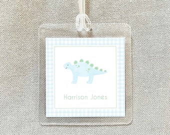 Personalized Watercolor Dinosaur Bag Tag, Laminated Boy Luggage Tag, Diaper Bag Tag