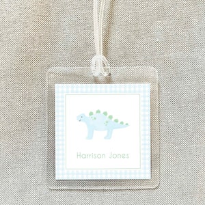 Personalized Watercolor Dinosaur Bag Tag, Laminated Boy Luggage Tag, Diaper Bag Tag