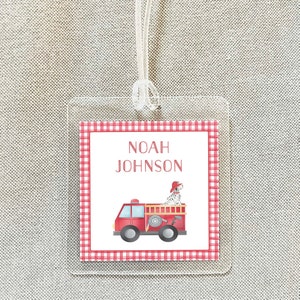 Etiqueta personalizada para bolsa de camión de bomberos con acuarela, etiqueta laminada para equipaje de niño, etiqueta para bolsa de pañales