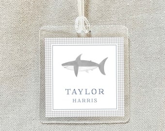 Personalized Watercolor Shark Bag Tag, Laminated Boy Luggage Tag, Diaper Bag Tag