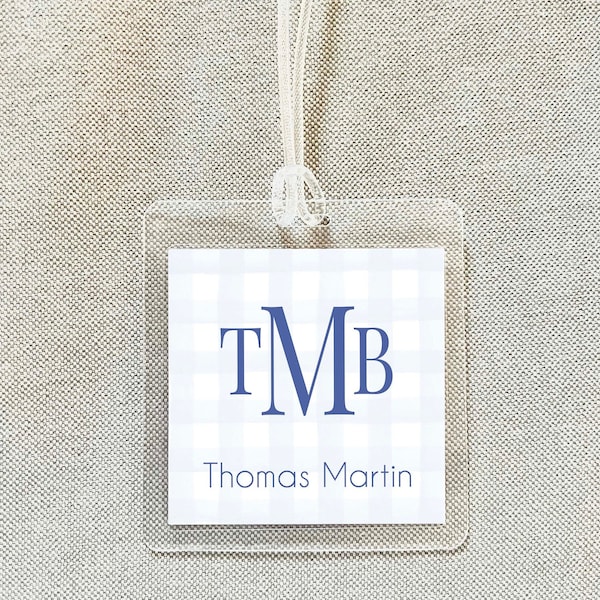 Personalized Watercolor Gingham Boy Bag Tag, Laminated Monogram Luggage Tag, Diaper Bag