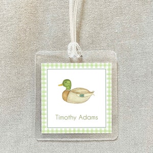 Personalized Watercolor Duck Bag Tag, Laminated Boy Luggage Tag, Diaper Bag Tag