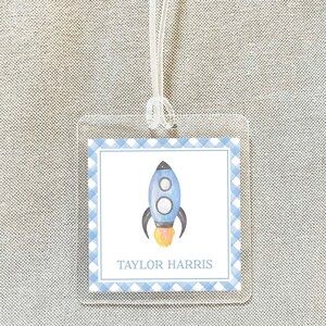 Etiqueta personalizada para bolso con diseño de cohete de acuarela, etiqueta laminada para equipaje de niño, etiqueta para bolso de pañales