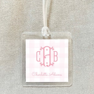 Personalized Pink Monogram Gingham Bag Tag, Laminated Square Girl Luggage Tag, Diaper Bag Tag