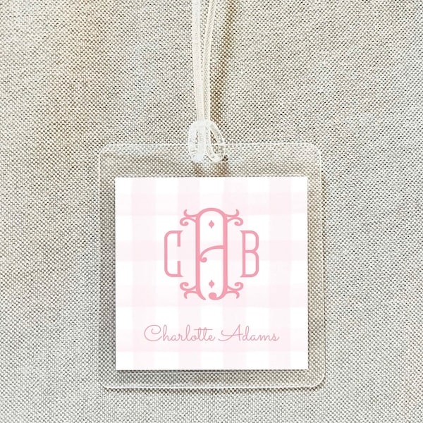 Personalized Pink Monogram Gingham Bag Tag, Laminated Square Girl Luggage Tag, Diaper Bag Tag