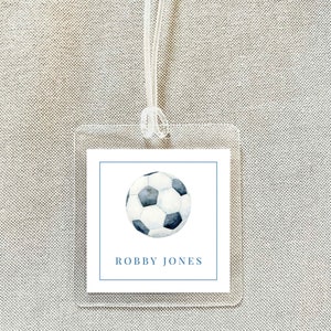 Personalized Watercolor Soccer Bag Tag, Laminated Soccer Ball Boy Luggage Tag, Diaper Bag Tag