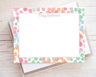 Personalized Polka Dot Border Flat Notecard Set, Girl Confetti Stationery Set, Women Kid Stationery