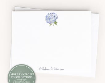 Personalized A2 Size Watercolor Hydrangea Flower Stationery, Girl Women Floral Flat Notecard Set