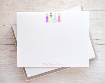 Personalized Watercolor Princess Gingham Stationery, Girl Flat Notecard Set, Colorful Girl Stationery