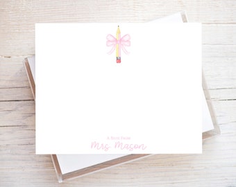 Personalized Teacher Flat Note Card, Woman Pencil Bow Notecard Set, Back to school stationery