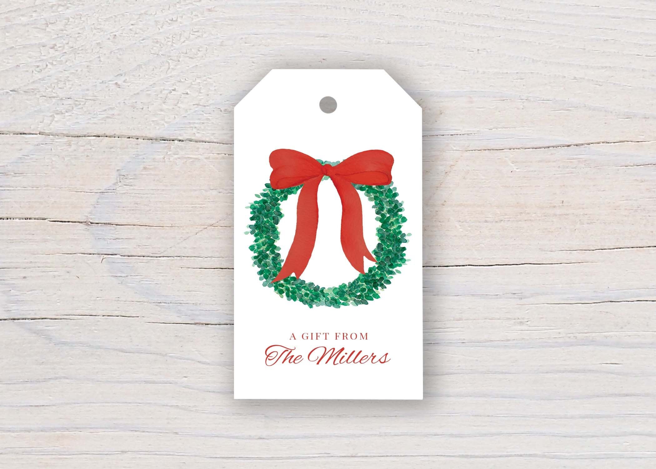 Personalized 2 X 3.5 Inch Watercolor Big Red Bow Christmas Wreath Gift ...