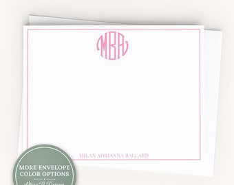 Personalized A2 Size Colorful Circle Monogram Stationery, Girl Women Colored Initials Flat Notecard Set