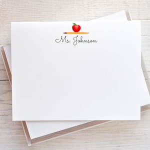 Personalized Teacher Flat Note Card, Woman Apple Pencil Notecard Set, Back to school stationery