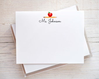 Personalized Teacher Flat Note Card, Woman Apple Pencil Notecard Set, Back to school stationery