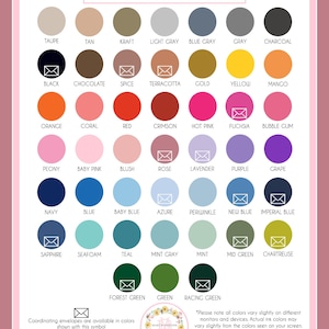 a collection of various ink color options, including shades of black, tan, brown, light gray, blue gray, charcoal, and more. These colors can be used for coordinating envelopes and other applications. The image also includes a note that coordinating envelopes are available in colors shown with the symbol, and that actual ink colors may vary slightly from the displayed colors on the screen.