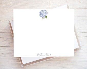 Personalized Watercolor Hydrangea Stationery, Girl Flat Notecard Set, Floral Women Stationery