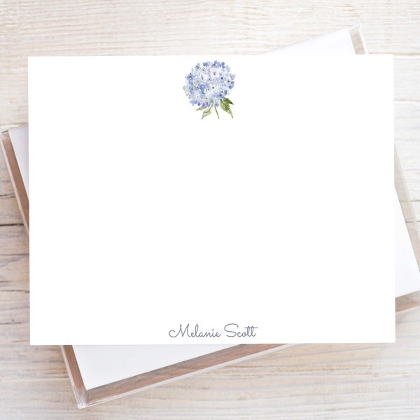 Personalized Watercolor Hydrangea Stationery, Girl Flat Notecard Set, Floral Women Stationery