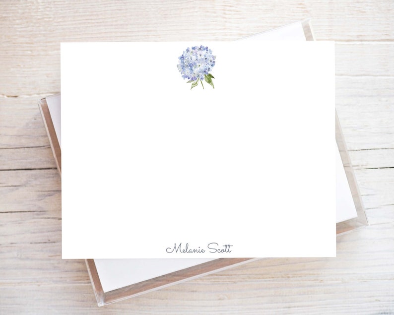 Personalized Watercolor Hydrangea Stationery, Girl Flat Notecard Set, Floral Women Stationery image 1