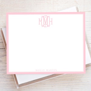 Personalized Pink Monogram Stationery, Women Flat Notecard Set, Colorful Girl Stationery