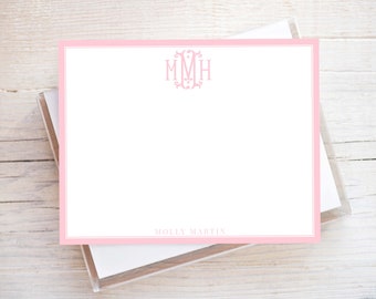 Personalized Pink Monogram Stationery, Women Flat Notecard Set, Colorful Girl Stationery