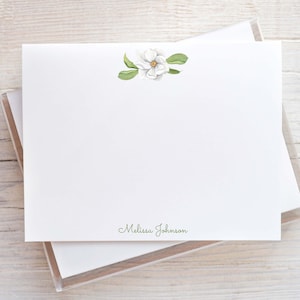 Personalized Watercolor Magnolia Stationery, Women Flat Notecard Set, Floral Girl Stationery
