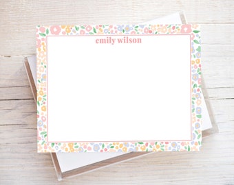 Personalized Watercolor Floral Stationery, Women Flat Notecard Set, Floral Girl Stationery