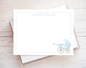 Personalized Watercolor Baby Carriage Stationery, Blue Boy Flat Notecard Set, Boy Stationery