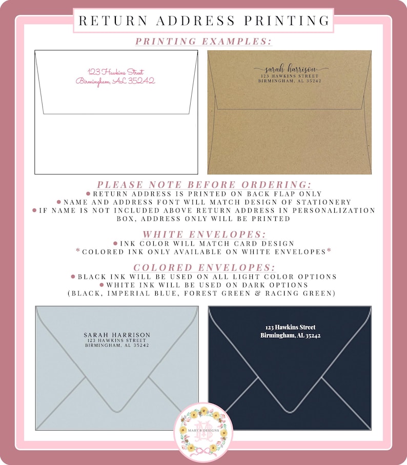 a return address printing example, which includes instructions for ordering and printing envelopes.