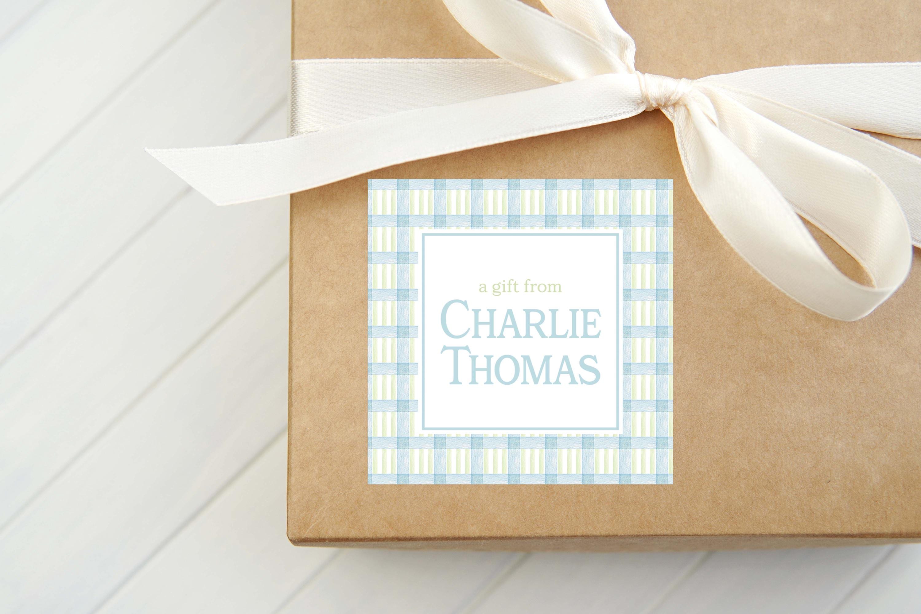 Personalized Watercolor Blue Green Gingham Calling Card, Boy Blue Enclosure Card, Square Gift Tag