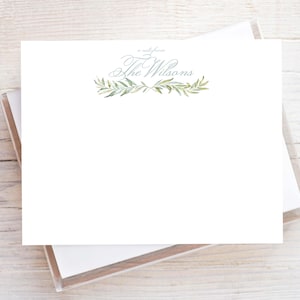Personalized Watercolor Greenery Stationery, Family Flat Notecard Set, Married Stationery