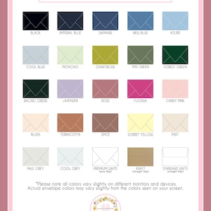 a collection of envelope color options, including various shades of black, blue, green, pink, and other colors.