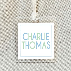 Personalized Blue & Green Pastel Bag Tag, Laminated Square Boy Luggage Tag, Diaper Bag Tag