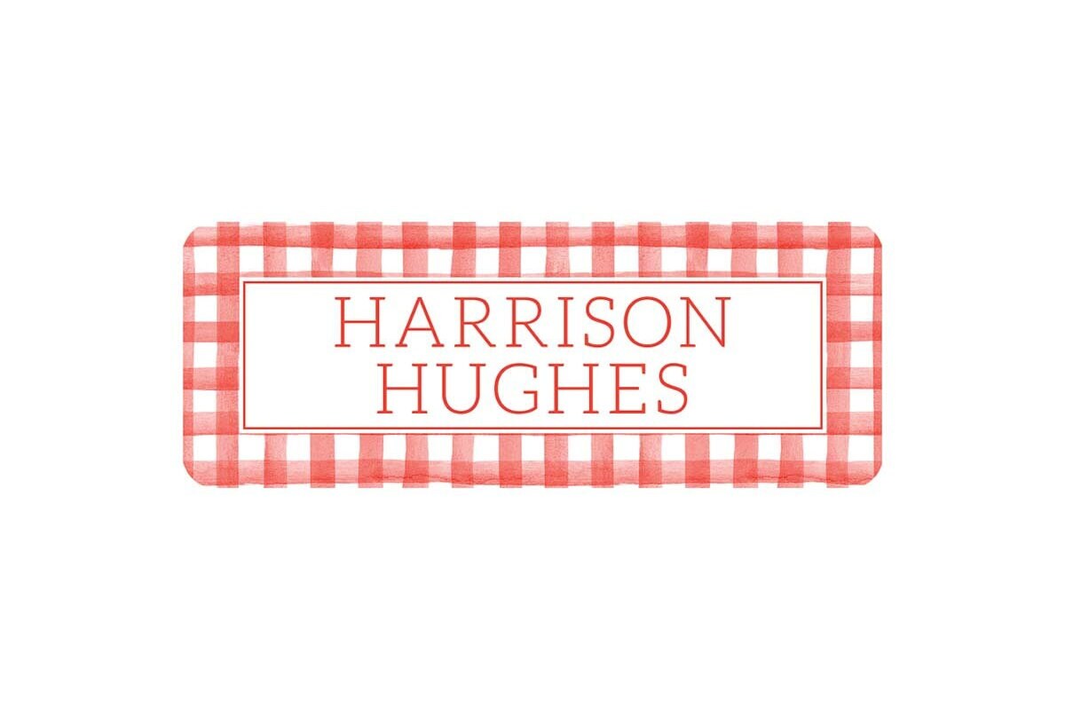 Personalized Vinyl Red Gingham Name Labels | *NOT Dishwasher Safe*