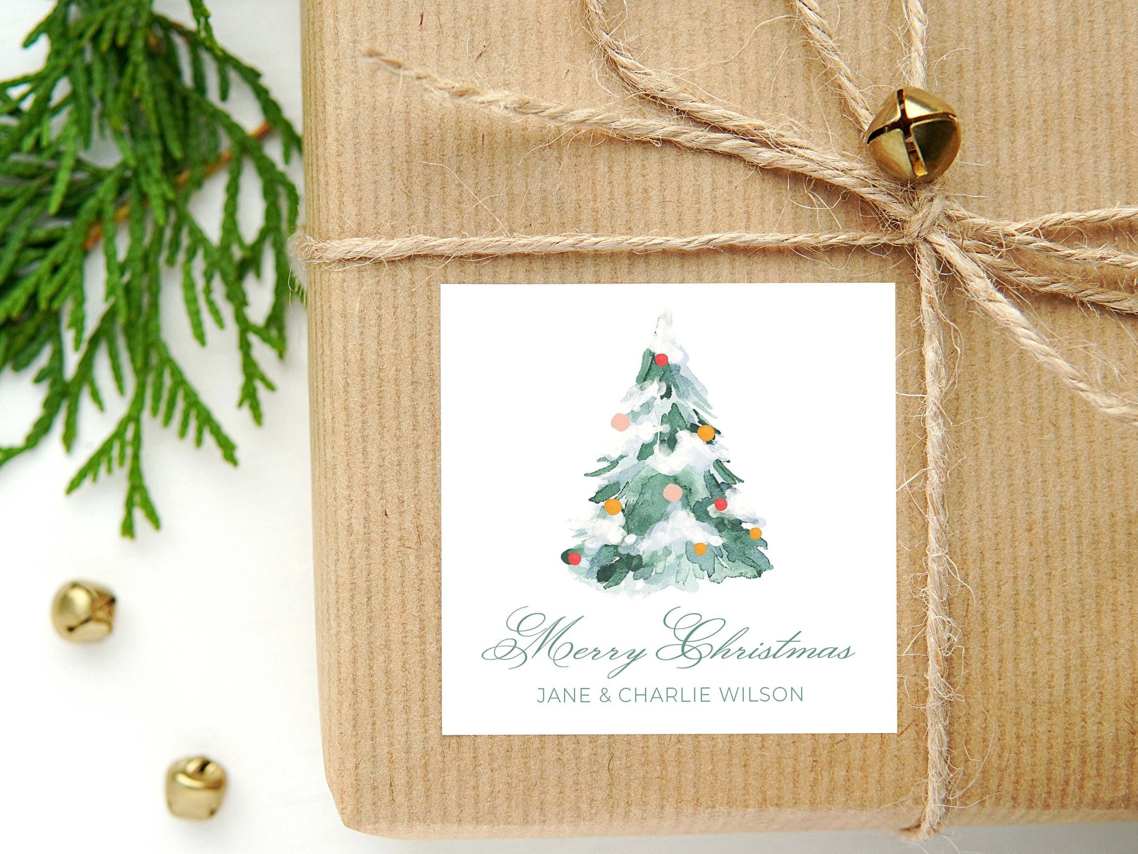 Personalized Watercolor Christmas Tree Calling Card or Sticker | Christmas Tree Enclosure Card | Family Square Gift Tag and Stickers