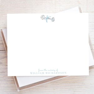 Personalized Watercolor Baby Rattle Stationery, Blue Bow Boy Flat Notecard Set, Boy Stationery