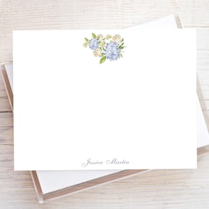 Personalized Watercolor Hydrangea Stationery, Girl Flat Notecard Set, Floral Women Stationery