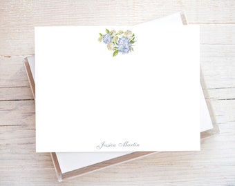 Personalized Watercolor Hydrangea Stationery, Girl Flat Notecard Set, Floral Women Stationery