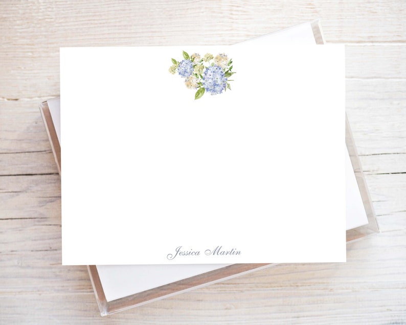 Personalized Watercolor Hydrangea Stationery, Girl Flat Notecard Set, Floral Women Stationery image 1