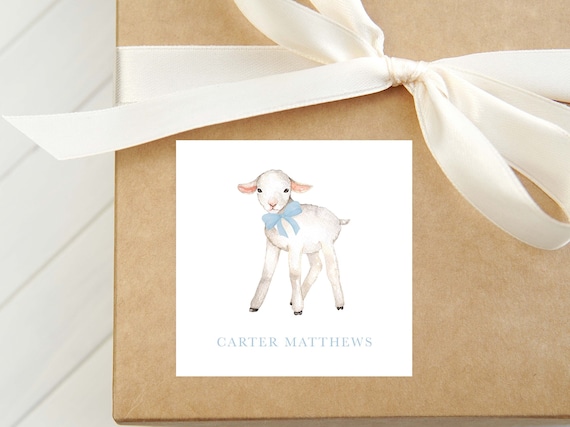 Personalized Lamb Calling Card, Baby Boy Enclosure, Square Gift Tag