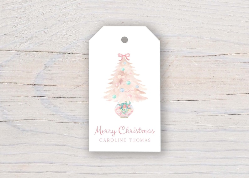 Personalized 2 x 3.5 inch Pink Watercolor Christmas Tree Gift Tags Custom Gift Tags image 1